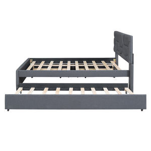 English Elm Full Upholstered Platform Bed with Brick-Pattern Headboard, Twin Trundle & 2 Drawers, Linen Finish Gray SF000233AAE