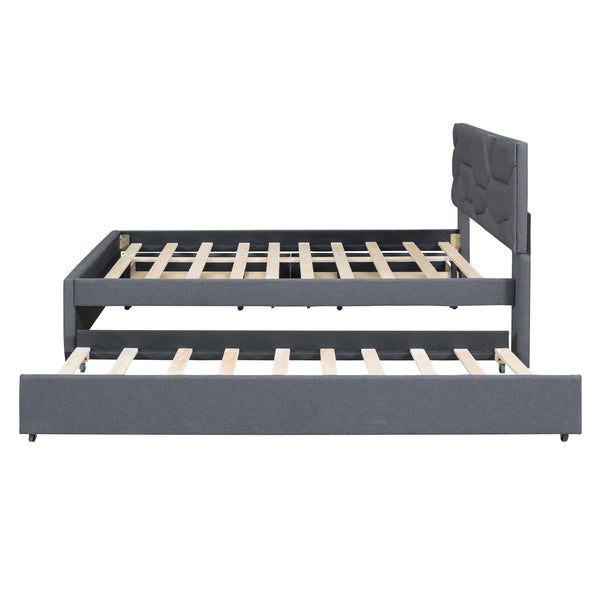 English Elm Full Upholstered Platform Bed with Brick-Pattern Headboard, Twin Trundle & 2 Drawers, Linen Finish Gray SF000233AAE