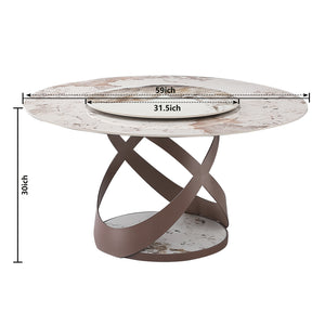 English Elm 59.05"Modern Sintered Stone Dining Table With 31.5" Round Turntable and Metal Exquisite Pedestal With 8 Piece s Chairs .