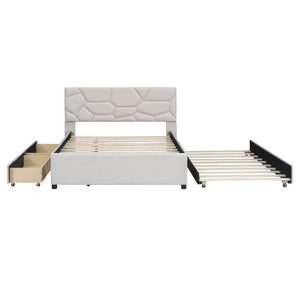 English Elm Full Upholstered Platform Bed with Brick-Pattern Headboard, Twin Trundle & 2 Drawers, Linen Finish Beige SF000233AAA