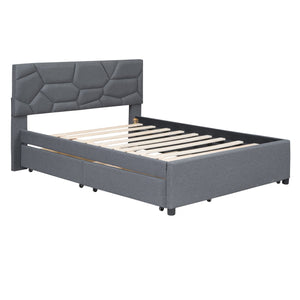 English Elm Full Upholstered Platform Bed with Brick-Pattern Headboard, Twin Trundle & 2 Drawers, Linen Finish Gray SF000233AAE