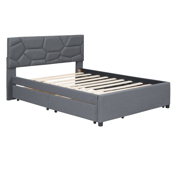 English Elm Full Upholstered Platform Bed with Brick-Pattern Headboard, Twin Trundle & 2 Drawers, Linen Finish Gray SF000233AAE