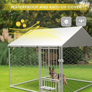 English Elm Large Galvanized Steel Dog Kennel Outdoor Run with Swivel Feeder and Uv Cover W1162P146239