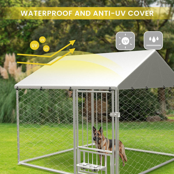 English Elm Large Galvanized Steel Dog Kennel Outdoor Run with Swivel Feeder and Uv Cover W1162P146239