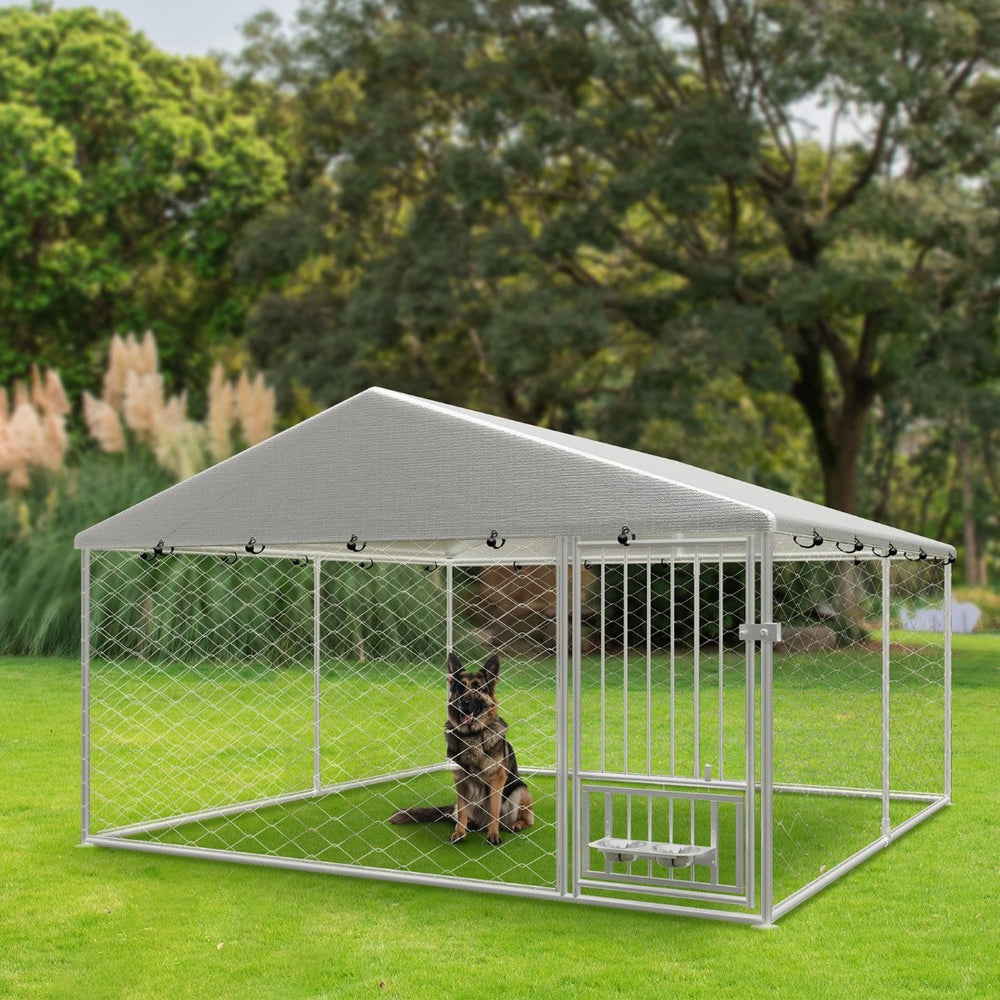 English Elm Large Galvanized Steel Outdoor Dog Kennel with Swivel Feeder and Uv Weatherproof Cover W1162P169897