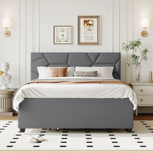 English Elm Full Upholstered Platform Bed with Brick-Pattern Headboard, Twin Trundle & 2 Drawers, Linen Finish Gray SF000233AAE