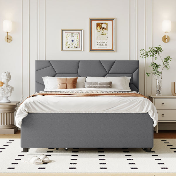 English Elm Full Upholstered Platform Bed with Brick-Pattern Headboard, Twin Trundle & 2 Drawers, Linen Finish Gray SF000233AAE