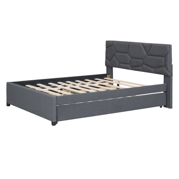 English Elm Full Upholstered Platform Bed with Brick-Pattern Headboard, Twin Trundle & 2 Drawers, Linen Finish Gray SF000233AAE