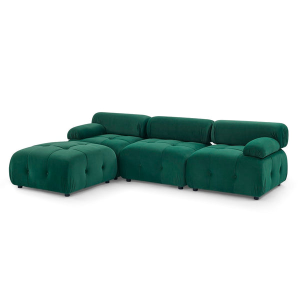 English Elm Modular Velvet Sectional Sofa with Button Tufted Seats and Reversible Ottoman Included Dark Green W1413S00017
