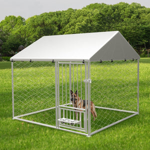 English Elm Large Galvanized Steel Dog Kennel Outdoor Run with Swivel Feeder and Uv Cover W1162P146239