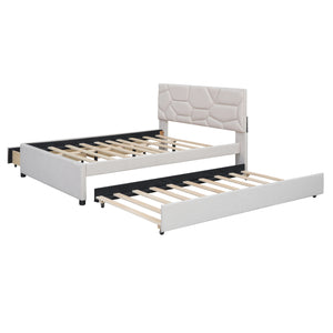 English Elm Full Upholstered Platform Bed with Brick-Pattern Headboard, Twin Trundle & 2 Drawers, Linen Finish Beige SF000233AAA