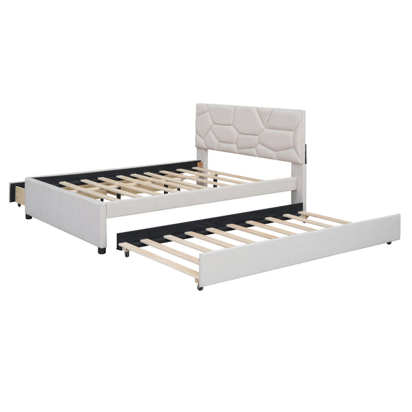 English Elm Full Upholstered Platform Bed with Brick-Pattern Headboard, Twin Trundle & 2 Drawers, Linen Finish Beige SF000233AAA