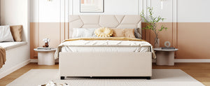 English Elm Full Upholstered Platform Bed with Brick-Pattern Headboard, Twin Trundle & 2 Drawers, Linen Finish Beige SF000233AAA
