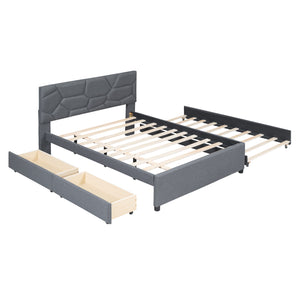 English Elm Full Upholstered Platform Bed with Brick-Pattern Headboard, Twin Trundle & 2 Drawers, Linen Finish Gray SF000233AAE