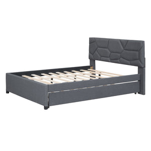 English Elm Full Upholstered Platform Bed with Brick-Pattern Headboard and Pull-Out Twin Trundle, Linen Fabric Comfort Gray SF000003AAE