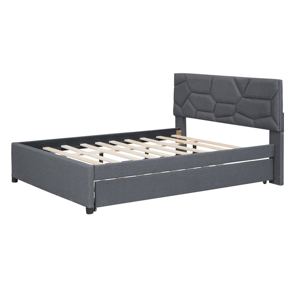 English Elm Full Upholstered Platform Bed with Brick-Pattern Headboard and Pull-Out Twin Trundle, Linen Fabric Comfort Gray SF000003AAE