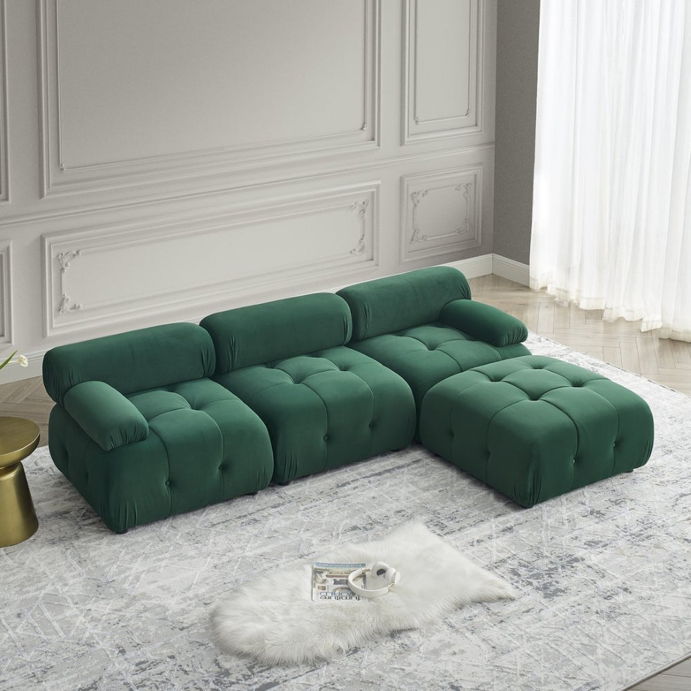 English Elm Modular Velvet Sectional Sofa with Button Tufted Seats and Reversible Ottoman Included Dark Green W1413S00017