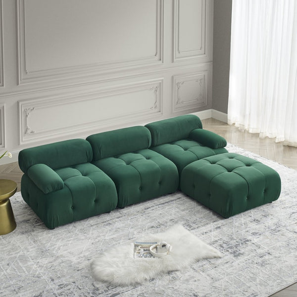 English Elm Modular Velvet Sectional Sofa with Button Tufted Seats and Reversible Ottoman Included Dark Green W1413S00017