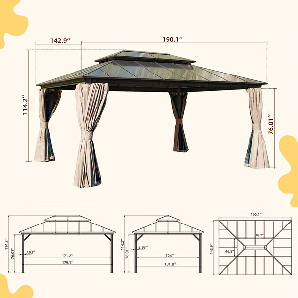 English Elm 12X16Ft Hardtop Gazebo - Stylish Permanent Pavilion With Uv-Blocking Roof, Curtains & Netting For Outdoors W1859S00025