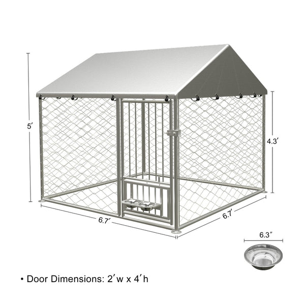 English Elm Large Galvanized Steel Dog Kennel Outdoor Run with Swivel Feeder and Uv Cover W1162P146239