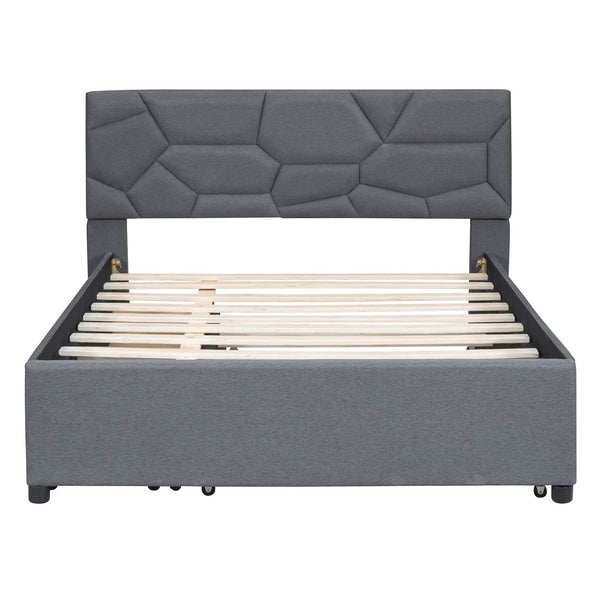 English Elm Full Upholstered Platform Bed with Brick-Pattern Headboard, Twin Trundle & 2 Drawers, Linen Finish Gray SF000233AAE