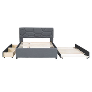English Elm Full Upholstered Platform Bed with Brick-Pattern Headboard, Twin Trundle & 2 Drawers, Linen Finish Gray SF000233AAE