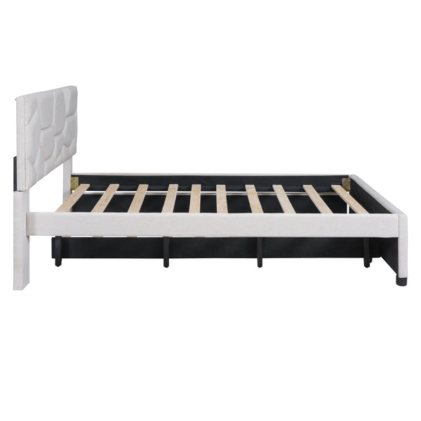 English Elm Full Upholstered Platform Bed with Brick-Pattern Headboard and Pull-Out Twin Trundle, Linen Fabric Comfort Beige SF000003AAA