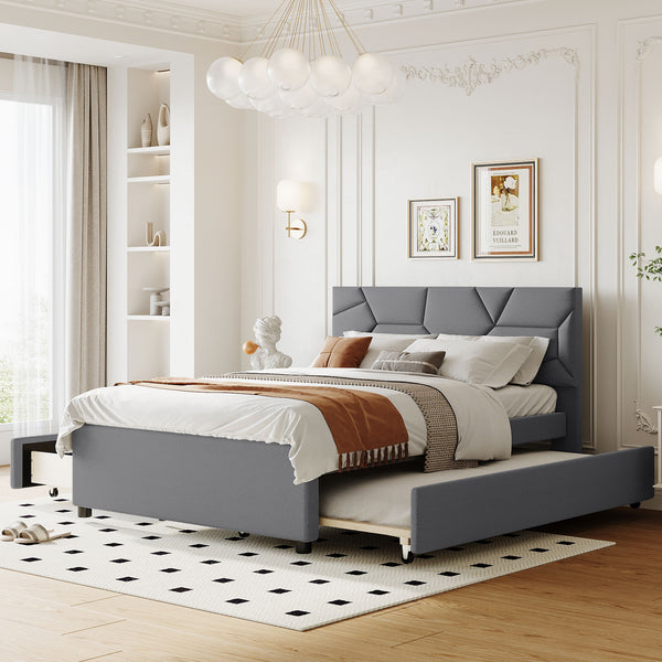 English Elm Full Upholstered Platform Bed with Brick-Pattern Headboard, Twin Trundle & 2 Drawers, Linen Finish Gray SF000233AAE