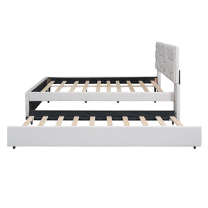 English Elm Full Upholstered Platform Bed with Brick-Pattern Headboard and Pull-Out Twin Trundle, Linen Fabric Comfort Beige SF000003AAA