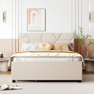 English Elm Full Upholstered Platform Bed with Brick-Pattern Headboard, Twin Trundle & 2 Drawers, Linen Finish Beige SF000233AAA
