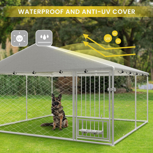 English Elm Large Galvanized Steel Outdoor Dog Kennel with Swivel Feeder and Uv Weatherproof Cover W1162P169897