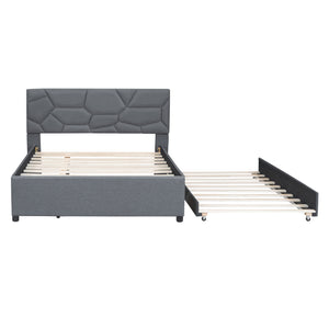 English Elm Full Upholstered Platform Bed with Brick-Pattern Headboard and Pull-Out Twin Trundle, Linen Fabric Comfort Gray SF000003AAE
