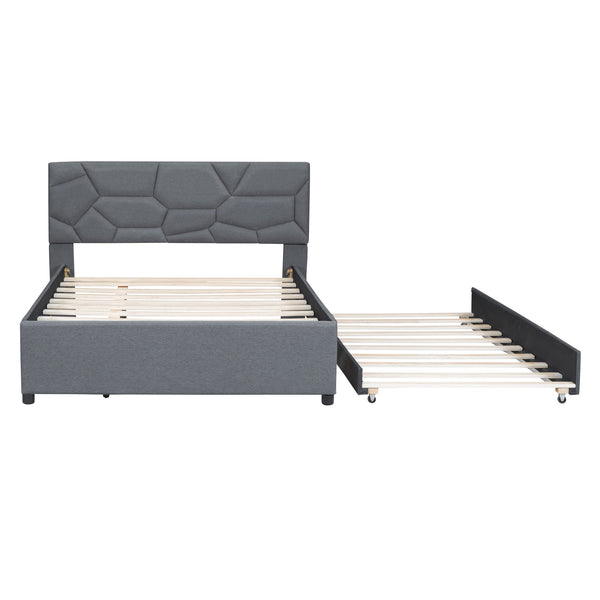 English Elm Full Upholstered Platform Bed with Brick-Pattern Headboard and Pull-Out Twin Trundle, Linen Fabric Comfort Gray SF000003AAE