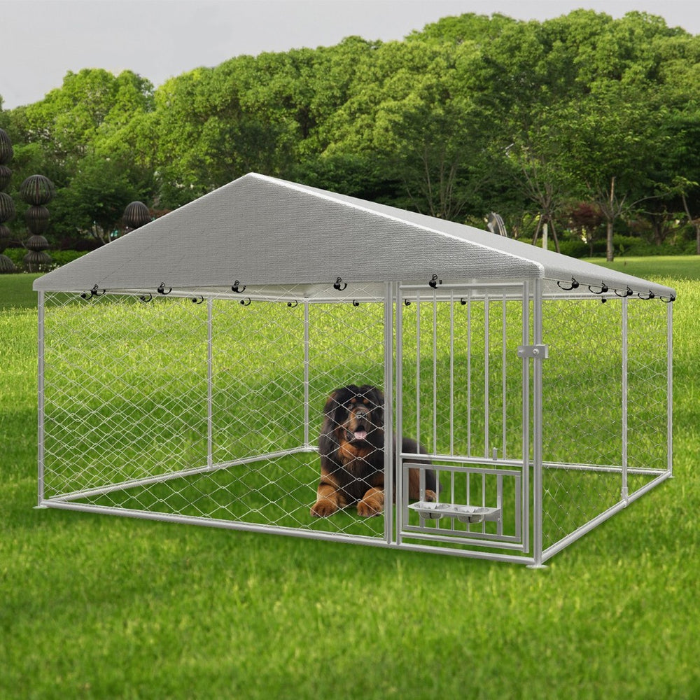 English Elm Large Galvanized Steel Outdoor Dog Kennel with Swivel Feeder and Uv Weatherproof Cover W1162P169897