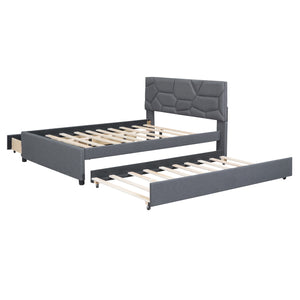 English Elm Full Upholstered Platform Bed with Brick-Pattern Headboard, Twin Trundle & 2 Drawers, Linen Finish Gray SF000233AAE