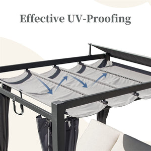 English Elm Aluminum Outdoor Daybed with Retractable Canopy, Double Chaise, Grey Curtains, Beige Cushions, Cup Holder W1859S00027