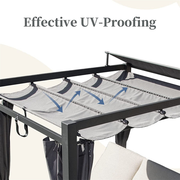 English Elm Aluminum Outdoor Daybed with Retractable Canopy, Double Chaise, Grey Curtains, Beige Cushions, Cup Holder W1859S00027