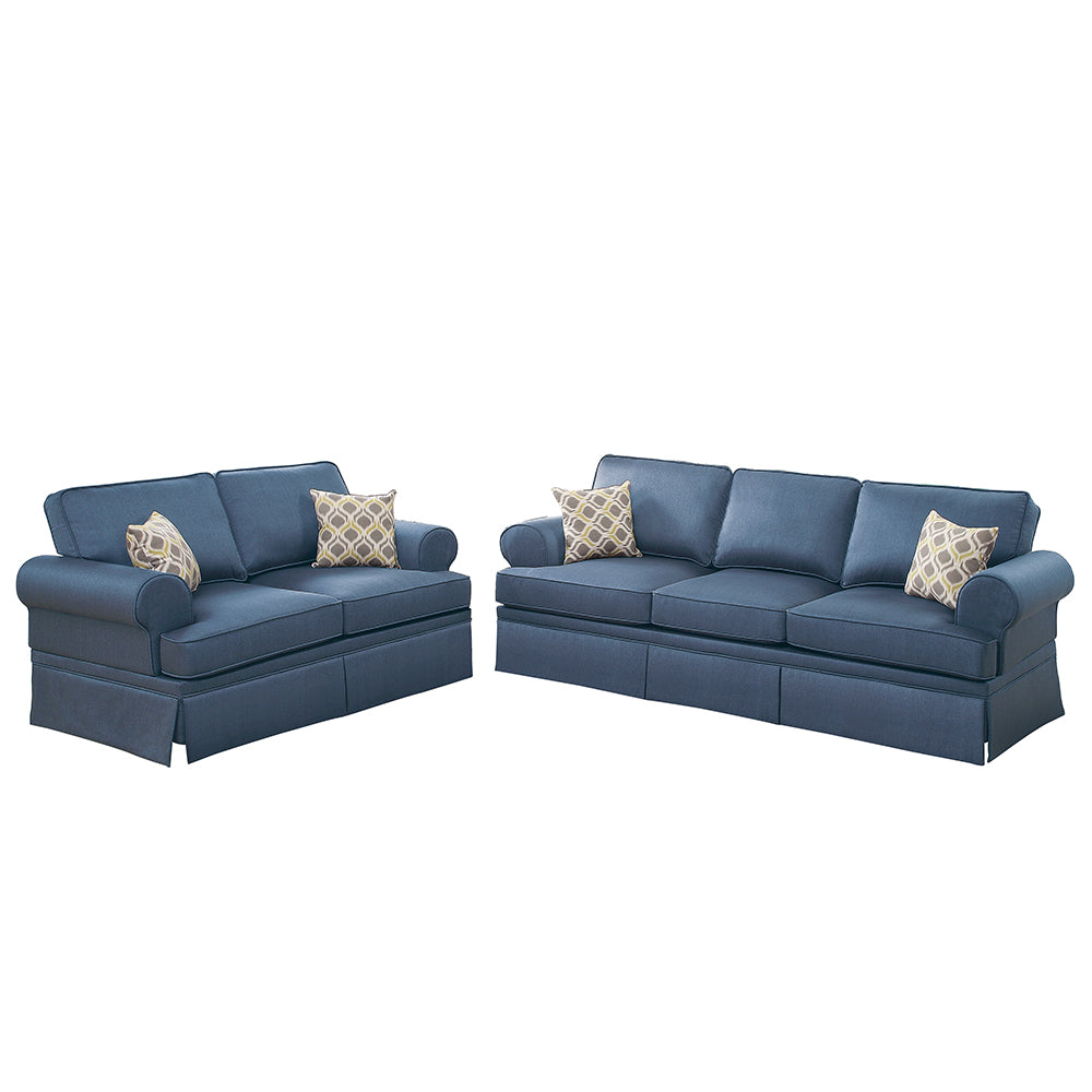 English Elm 2-PCS Blue Fabric Sofa Set with Wood Frame — Loveseat 66" & Sofa 89" Durable Glossy Polyfiber Upholstery B089S00106