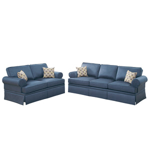 English Elm 2-PCS Blue Fabric Sofa Set with Wood Frame — Loveseat 66" & Sofa 89" Durable Glossy Polyfiber Upholstery B089S00106