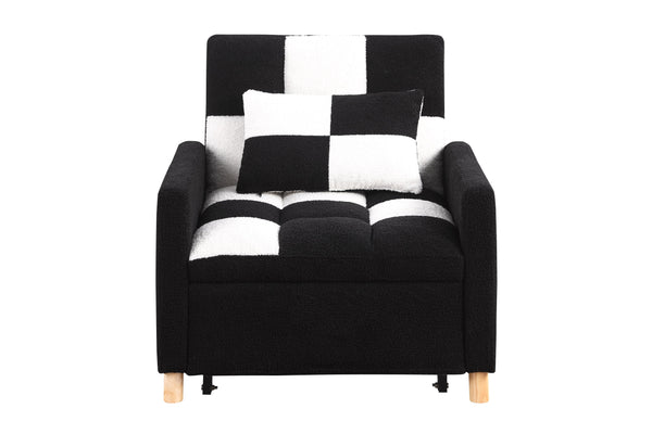 English Elm Convertible Convertible Sleeper Sofa Chair Bed with 3-Position Backrest, Teddy Fabric, Sturdy 330lb Frame Black White W1420110191