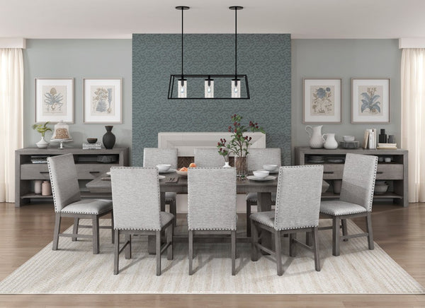 English Elm Rustic 9-Piece Dining Set With Gray Acacia Table & 8 Upholstered Chairs - Perfect For Gatherings! B011S00396-GIGA