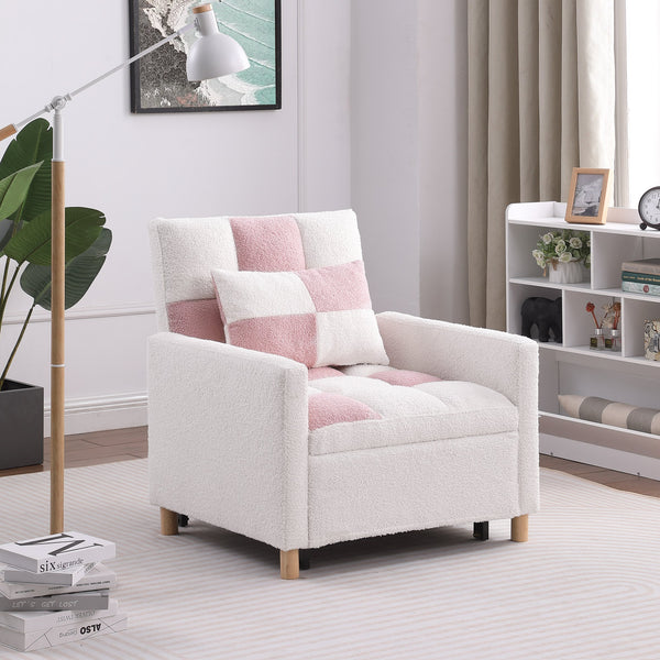 English Elm Convertible Convertible Sleeper Sofa Chair Bed with 3-Position Backrest, Teddy Fabric, Sturdy 330lb Frame Pink+White W1420110192