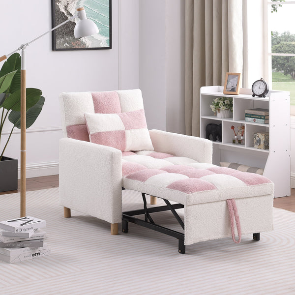 English Elm Convertible Convertible Sleeper Sofa Chair Bed with 3-Position Backrest, Teddy Fabric, Sturdy 330lb Frame Pink+White W1420110192