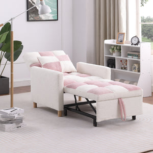 English Elm Convertible Convertible Sleeper Sofa Chair Bed with 3-Position Backrest, Teddy Fabric, Sturdy 330lb Frame Pink+White W1420110192
