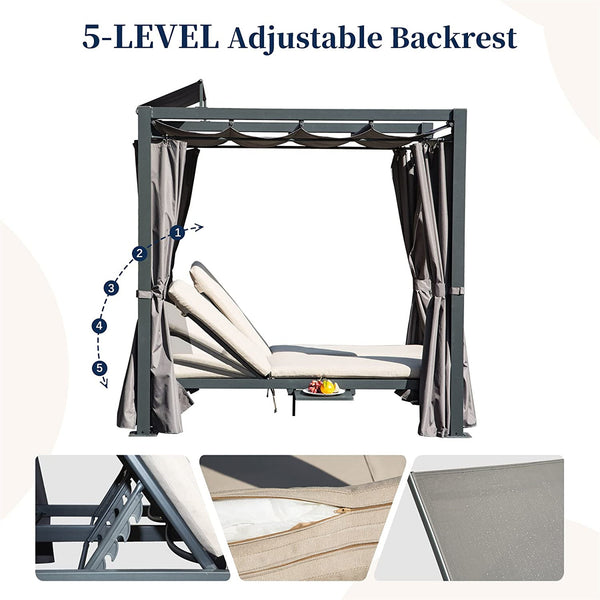 English Elm Aluminum Outdoor Daybed with Retractable Canopy, Double Chaise, Grey Curtains, Beige Cushions, Cup Holder W1859S00027