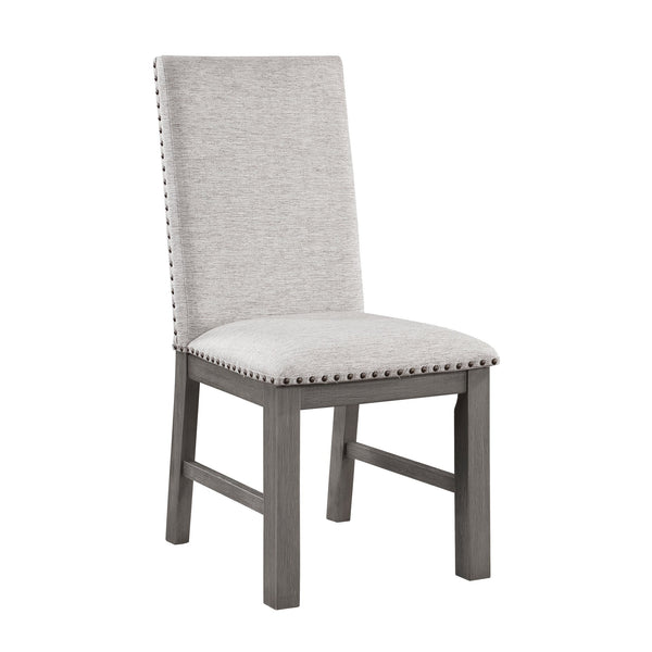 English Elm Dining Gresham 2pc Side Chairs Beige Fabric Upholstered Seats Nailhead Trim Gray Acacia Veneer Rustic Style B011113078