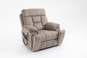 English Elm Old Age Velvet Power Lift Recliner with Dual Motors Heating Massage and Full Flat Recline Light Brown W547S00035