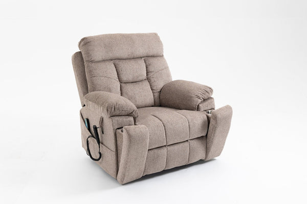 English Elm Old Age Velvet Power Lift Recliner with Dual Motors Heating Massage and Full Flat Recline Light Brown W547S00035
