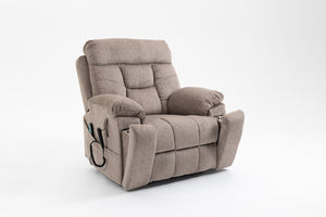 English Elm Old Age Velvet Power Lift Recliner with Dual Motors Heating Massage and Full Flat Recline Light Brown W547S00035