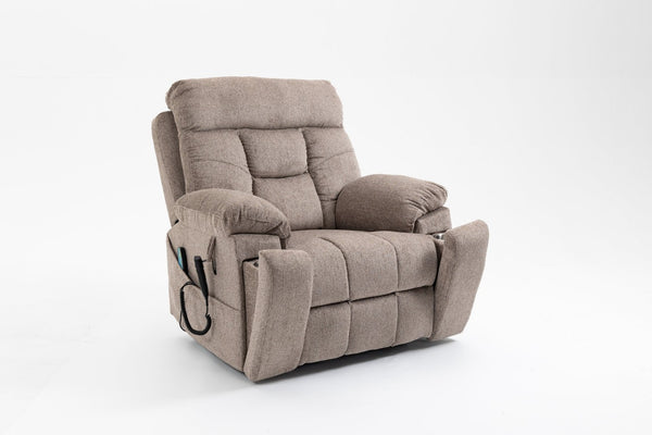English Elm Old Age Velvet Power Lift Recliner with Dual Motors Heating Massage and Full Flat Recline Light Brown W547S00035